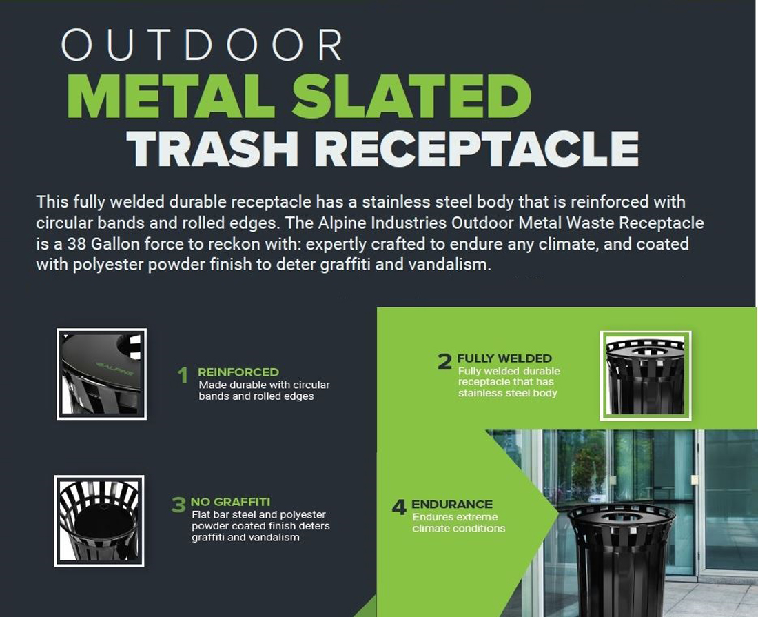 Alpine Industries 38 Gal. Black Metal Slatted Outdoor Commercial Trash